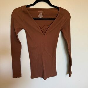 Free People Intimately v-Neck Stretch Top Long Sleeve M/L Brown